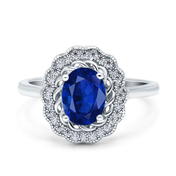 Art Deco Wedding Ring Oval Cut Solid Simulated Blue Sapphire CZ 925 Sterling Silver